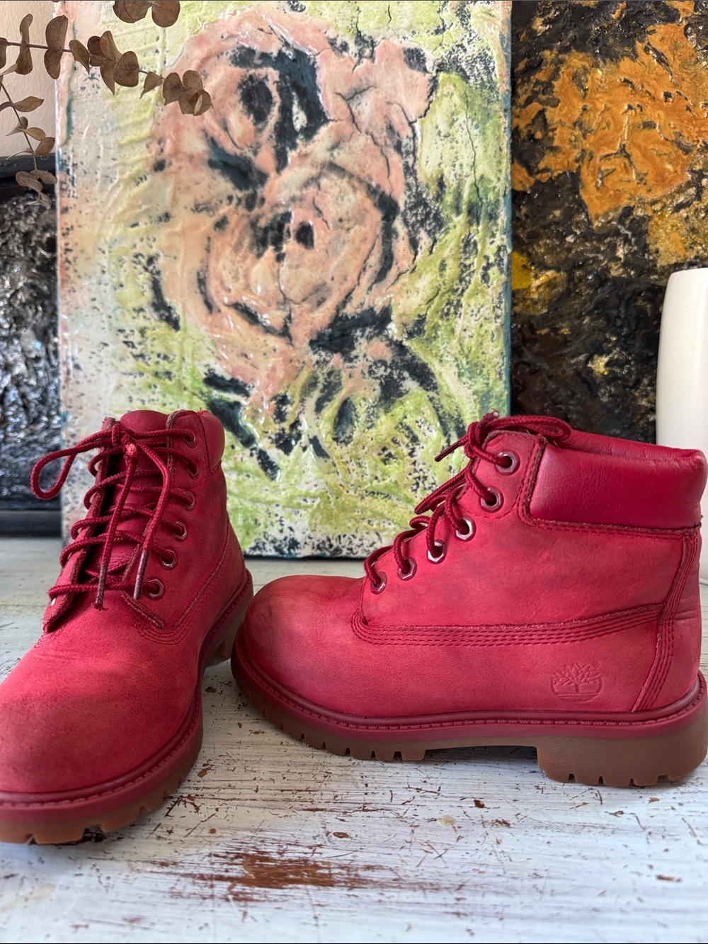 Timberland Kids Red Lace-Up Leather Boots Size 13